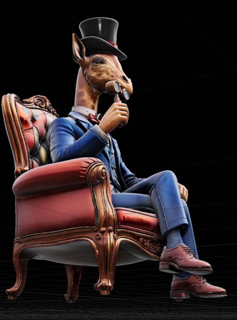 May include: A whimsical digital art piece featuring a horse-headed figure in a blue suit, top hat, and monocle, seated in a red armchair with gold trim. The figure is holding a small object, possibly a pipe.