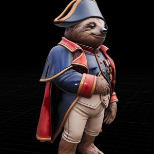 May include: A whimsical statue of a sloth dressed in a Napoleonic-style uniform. The figure wears a blue coat with red trim, a matching hat, and white breeches. The sloth has a friendly expression.
