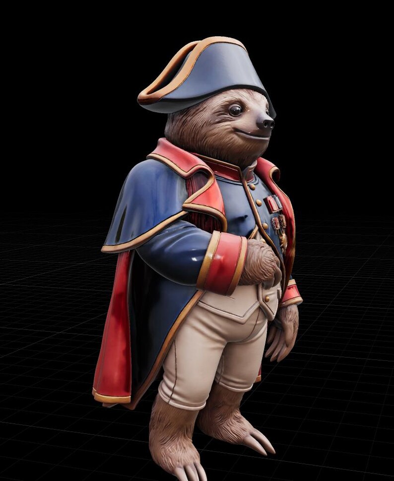 May include: A whimsical statue of a sloth dressed in a Napoleonic-style uniform. The figure wears a blue coat with red trim, a matching hat, and white breeches. The sloth has a friendly expression.