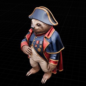 May include: A whimsical figurine of a sloth dressed in a Napoleonic-style uniform. The sloth wears a blue coat with red trim, gold buttons, and medals. It also has a matching hat and white pants. The figurine has a detailed, realistic appearance.