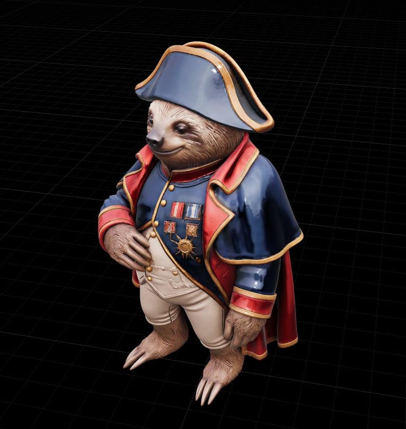 May include: A whimsical figurine of a sloth dressed in a Napoleonic-style uniform. The sloth wears a blue coat with red trim, gold buttons, and medals. It also has a matching hat and white pants. The figurine has a detailed, realistic appearance.