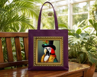 Elegante bolso de mano con estampado de loro / Bolso de lona con retrato de loro vintage / Divertido regalo reutilizable con diseño de animal de granja