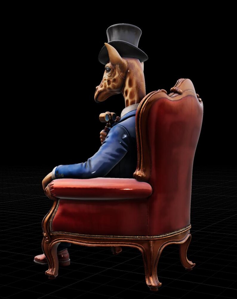 May include: A whimsical sculpture of a giraffe in a blue suit and black top hat, seated in a red armchair. The giraffe holds binoculars, adding to the sophisticated, vintage aesthetic. The background is black.