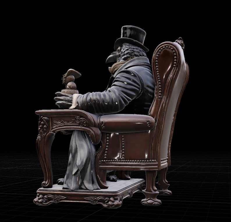 May include: A figurine of an anthropomorphic raven wearing a black top hat and a dark coat, seated in a brown tufted armchair. The raven figure rests its hands on a small wooden side table, holding a small object while sitting on a decorative base.