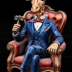 May include: A whimsical illustration of a giraffe in a blue suit, red bow tie, and top hat, seated in a red armchair. The giraffe holds binoculars, exuding a sophisticated, vintage aesthetic. The image is set against a black background.