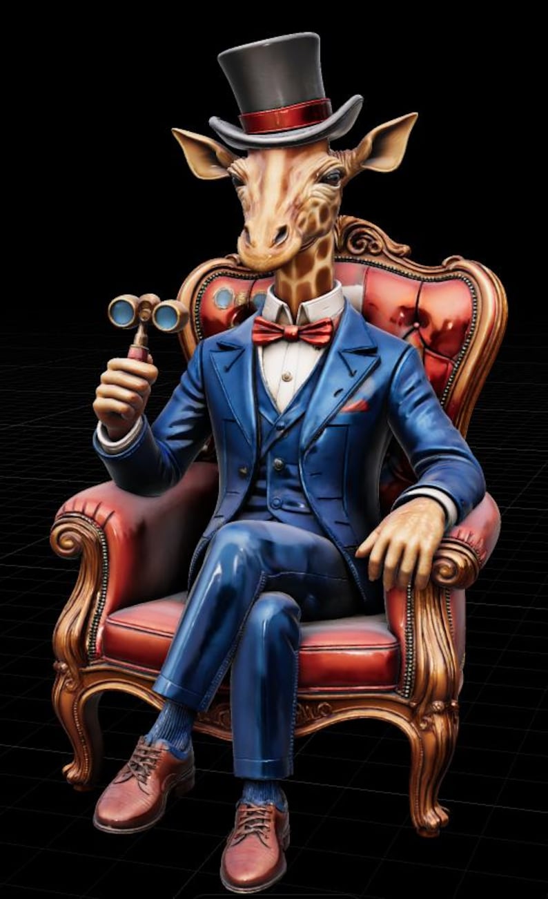 May include: A whimsical illustration of a giraffe in a blue suit, red bow tie, and top hat, seated in a red armchair. The giraffe holds binoculars, exuding a sophisticated, vintage aesthetic. The image is set against a black background.