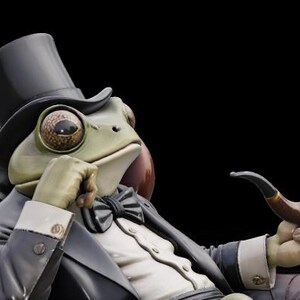 May include: A frog figurine, wearing a black top hat, suit, and bow tie, seated in a leather armchair. The frog holds a brown pipe, conveying an air of sophistication. The figure has large, detailed eyes.