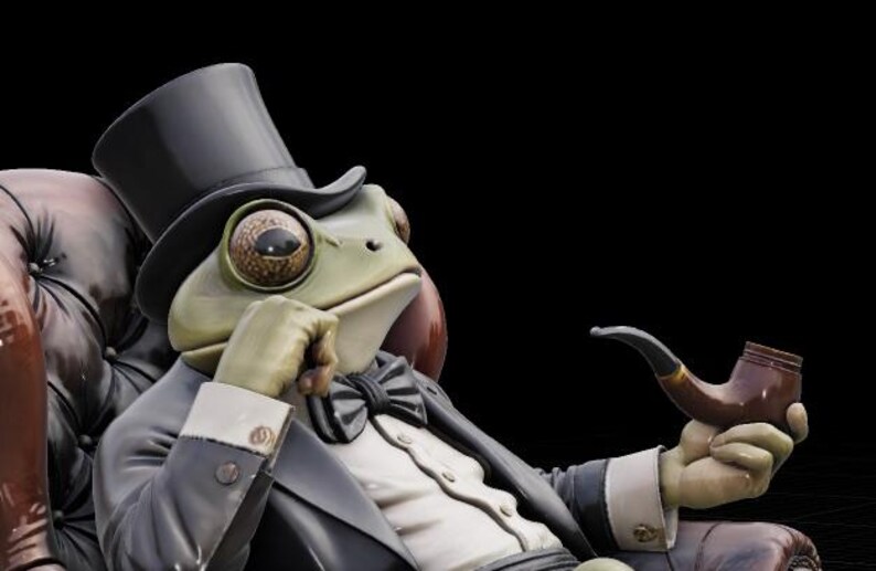 May include: A frog figurine, wearing a black top hat, suit, and bow tie, seated in a leather armchair. The frog holds a brown pipe, conveying an air of sophistication. The figure has large, detailed eyes.