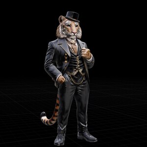 Peut inclure: Figurine d'un tigre anthropomorphe v&ecirc;tu d'un costume noir, d'un gilet et d'un chapeau haut de forme. Le tigre a un motif de fourrure d&eacute;taill&eacute; et pose avec une main dans sa poche. Le costume a des d&eacute;tails dor&eacute;s, et le fond est noir.