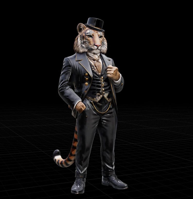 Peut inclure: Figurine d'un tigre anthropomorphe v&ecirc;tu d'un costume noir, d'un gilet et d'un chapeau haut de forme. Le tigre a un motif de fourrure d&eacute;taill&eacute; et pose avec une main dans sa poche. Le costume a des d&eacute;tails dor&eacute;s, et le fond est noir.
