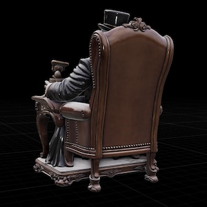 May include: A brown wingback chair with nailhead trim, featuring a figure in a black top hat and dark coat seated within. The chair has carved wooden legs and rests on a rectangular base, showcasing a detailed backrest and ornate armrests.