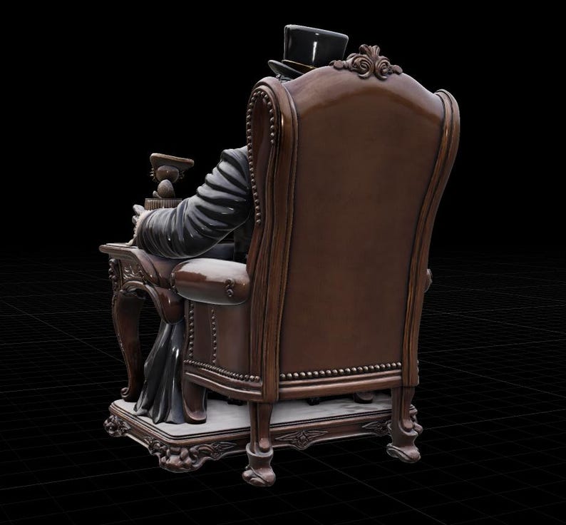 May include: A brown wingback chair with nailhead trim, featuring a figure in a black top hat and dark coat seated within. The chair has carved wooden legs and rests on a rectangular base, showcasing a detailed backrest and ornate armrests.