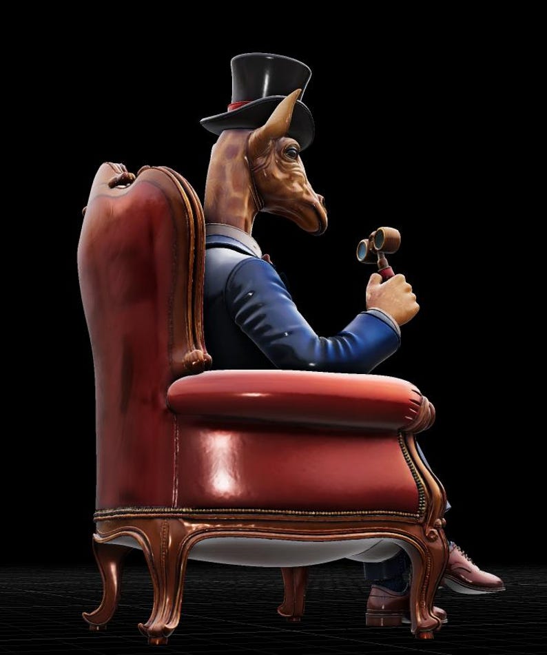 May include: A whimsical sculpture of a giraffe with a human body, wearing a blue suit, top hat, and holding binoculars. The giraffe is seated in a red, ornate armchair with gold trim, set against a black background.