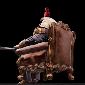 May include: A figurine of a rooster in a military uniform, seated in a brown ornate armchair, holding a rifle. The rooster has a red comb, white hair, and is wearing a dark jacket with gold trim. The chair has gold accents.