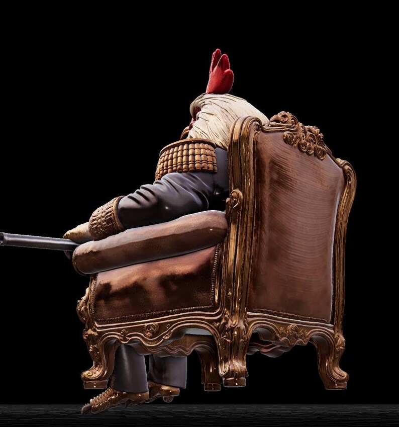 May include: A figurine of a rooster in a military uniform, seated in a brown ornate armchair, holding a rifle. The rooster has a red comb, white hair, and is wearing a dark jacket with gold trim. The chair has gold accents.