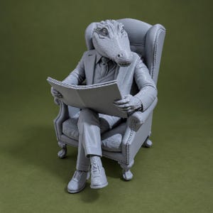 May include: A monochromatic gray 3D printed figurine of an anthropomorphic alligator wearing a formal suit and tie, seated in a high-backed wingback chair while holding an open newspaper. The figure has textured skin and is posed with legs crossed.
