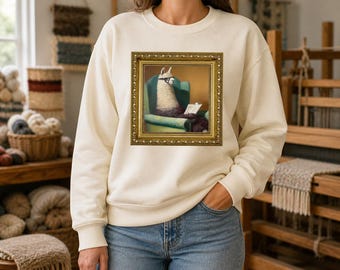 Puede incluir: Una sudadera de cuello redondo color crema con un estampado gráfico central de una llama con gafas, sentada en un sillón verde azulado y leyendo un libro, todo encerrado dentro de un marco rectangular de color dorado detallado.