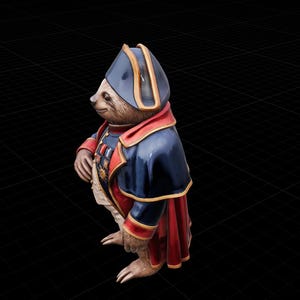 May include: A figurine of a bear dressed in a blue military uniform with red trim and gold accents. The bear wears a matching hat and has several medals on its chest. The background is a dark grid.