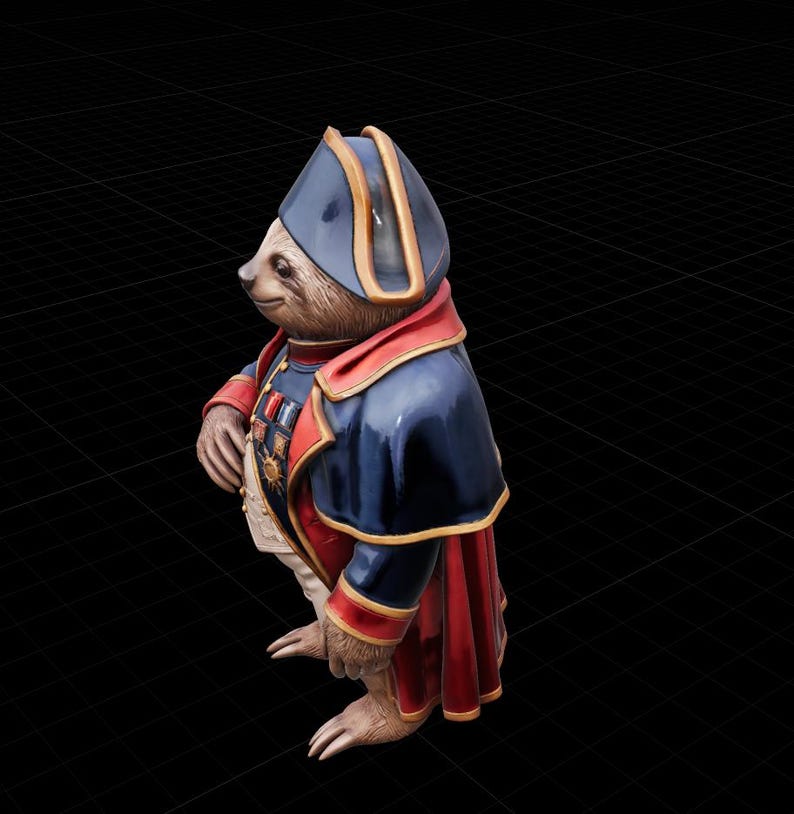 May include: A figurine of a bear dressed in a blue military uniform with red trim and gold accents. The bear wears a matching hat and has several medals on its chest. The background is a dark grid.