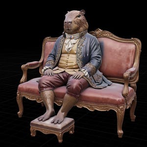 May include: A whimsical sculpture of a capybara dressed in 18th-century attire, seated on a pink upholstered chaise lounge with gold trim. The capybara wears a blue coat, a yellow vest, and maroon breeches, with a matching footstool.
