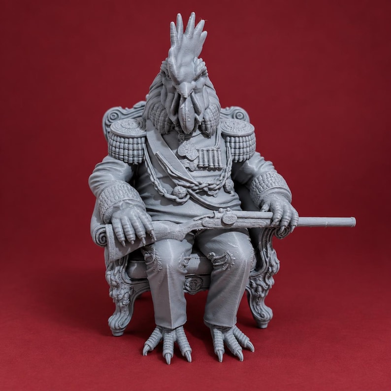 May include: A gray 3D printed figurine of an anthropomorphic rooster dressed in a detailed military uniform with epaulets, medals, and a sash, sitting on an ornate chair while holding a long rifle across its lap with its clawed hands.