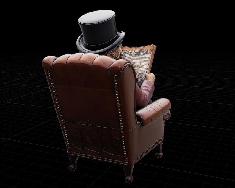 May include: A figurine of a figure wearing a black top hat, seated in a brown leather armchair with nailhead trim, reading a newspaper. The chair features a high, tufted back and carved wooden legs, viewed from the back against a black background.