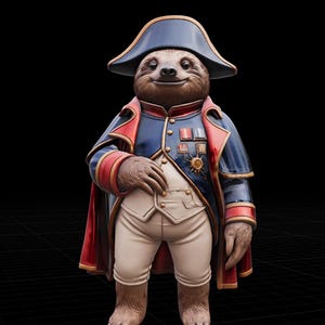 May include: A whimsical illustration of a sloth dressed in a Napoleonic-style uniform. The sloth wears a blue coat with red trim, white breeches, and a bicorne hat. The uniform is adorned with medals and gold accents, creating a humorous and detailed design.