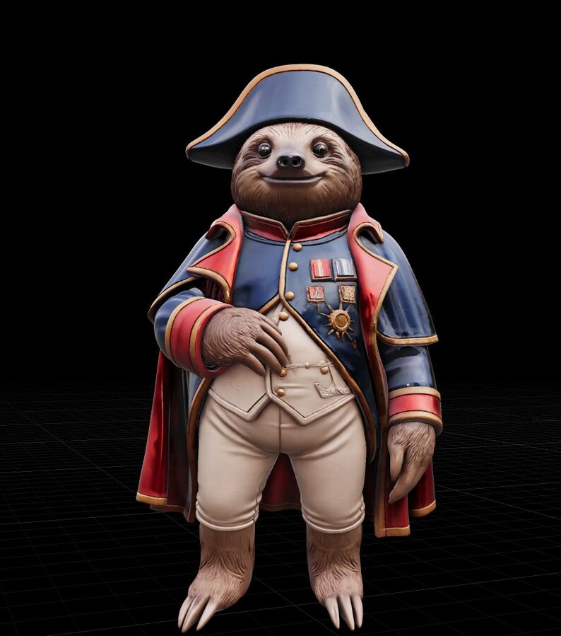 May include: A whimsical illustration of a sloth dressed in a Napoleonic-style uniform. The sloth wears a blue coat with red trim, white breeches, and a bicorne hat. The uniform is adorned with medals and gold accents, creating a humorous and detailed design.