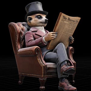 May include: A meerkat figurine wearing a black top hat, a maroon jacket, and a white collared shirt, sitting in a brown tufted leather armchair. The meerkat holds a newspaper with the text The Meerkat Inn printed at the top, wearing grey trousers and brown leather dress shoes.