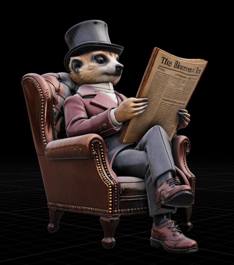May include: A meerkat figurine wearing a black top hat, a maroon jacket, and a white collared shirt, sitting in a brown tufted leather armchair. The meerkat holds a newspaper with the text The Meerkat Inn printed at the top, wearing grey trousers and brown leather dress shoes.
