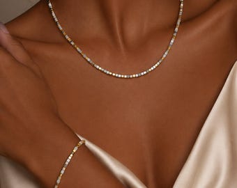 Mixed Metal Necklace, Two Tone Beaded Choker, Silver and 18K Plated Waterproof Stainless Steel Minimalist Jewelry