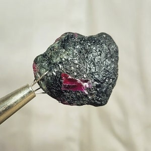 May include: A rough, dark gray mineral specimen with visible red ruby inclusions. The stone is held by a silver tool, showcasing its natural, unpolished texture and vibrant color contrast. The ruby fragments add a striking visual element.