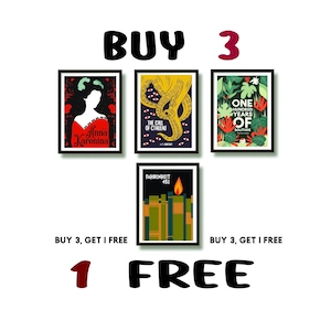 May include: Buy 3, get 1 free offer for book covers featuring illustrations of Anna Karenina, The Call of Cthulhu, One Hundred Years of Solitude, and Fahrenheit 451.