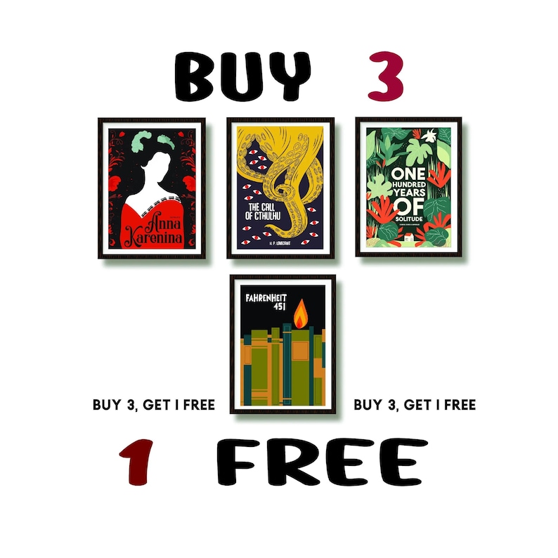 May include: Buy 3, get 1 free offer for book covers featuring illustrations of Anna Karenina, The Call of Cthulhu, One Hundred Years of Solitude, and Fahrenheit 451.