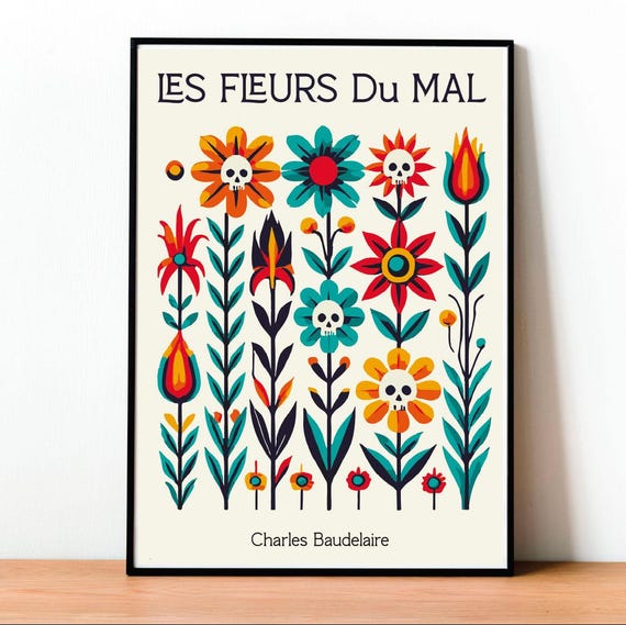 Flowers of Evil Poster, Charles Baudelaire Print, Dark Poetry Art, French Literature, Gothic Aesthetic, Vintage Book Cover, Symbolist Art