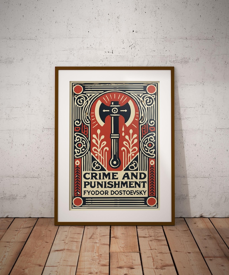 Op de afbeelding: Een ingelijste poster met een zwart en rood ontwerp met een bijl met een rode steel en een rode druppel bloed. De tekst "Misdaad en straf" staat in wit met de auteur "Fjodor Dostojevski" in zwart eronder.