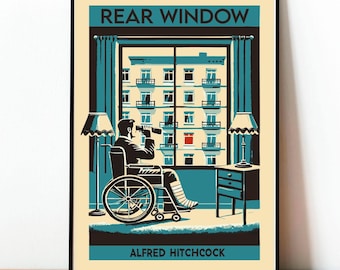 Rear Window Poster, Alfred Hitchcock Wall Art, Vintage Movie Print, Thriller Home Decor, Handmade Retro Illustration, Film Noir Poster