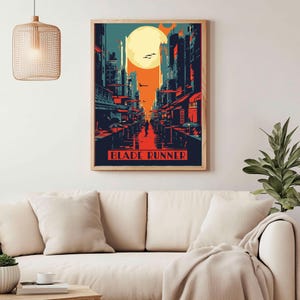 May include: A retro-style poster with a cityscape in shades of blue, red, and yellow. The poster features a full moon and the text "BLADE RUNNER".