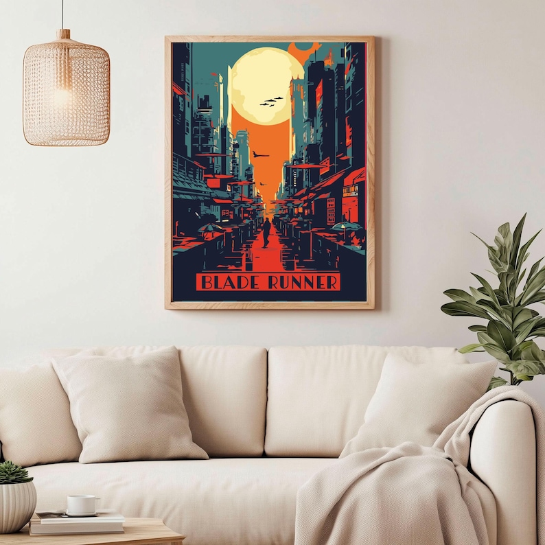 May include: A retro-style poster with a cityscape in shades of blue, red, and yellow. The poster features a full moon and the text "BLADE RUNNER".