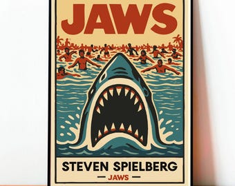 Jaws Movie Poster, Vintage Film Print, Cult Cinema Wall Art, Shark Attack Illustration, Classic Movie Decor, Handmade Retro Artwork, Geek