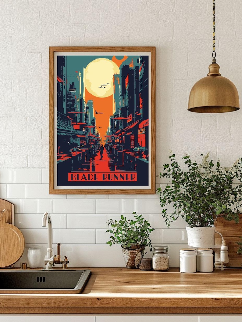 May include: A retro-style poster with a cityscape in shades of blue, orange, and red. The poster features a large, yellow moon and the text "BLADE RUNNER".