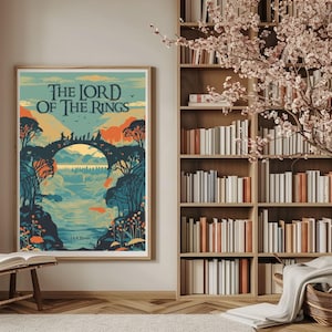 May include: A vintage-style poster with a blue, green, and orange color scheme featuring the text "The Lord of the Rings" and an illustration of a bridge with figures walking across it.