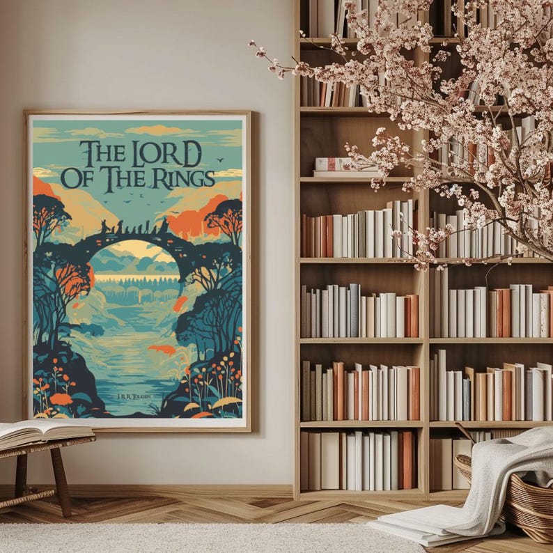 May include: A vintage-style poster with a blue, green, and orange color scheme featuring the text "The Lord of the Rings" and an illustration of a bridge with figures walking across it.