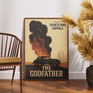 May include: A vintage-style poster for the movie "The Godfather" directed by Francis Ford Coppola. The poster features a black car engulfed in flames with a yellow and orange smoke trail.