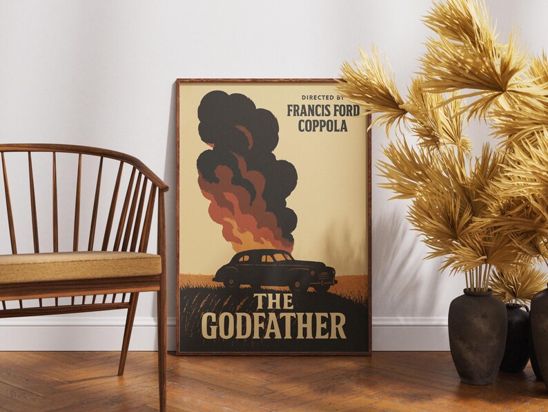May include: A vintage-style poster for the movie "The Godfather" directed by Francis Ford Coppola. The poster features a black car engulfed in flames with a yellow and orange smoke trail.