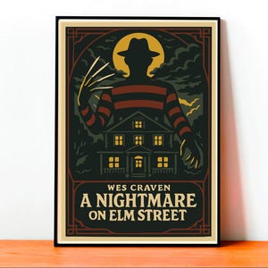 Poster Nightmare Elm Street, Illustrazione Horror Vintage, Arte Freddy Krueger, Cult Movie Decor, Poster Cinema Fatto a Mano