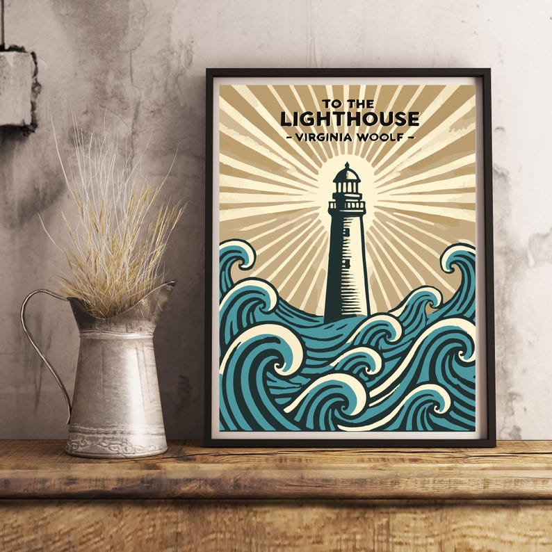 May include: A vintage-style poster with a lighthouse in the center, surrounded by blue waves and a yellow sunburst. The text reads "To the Lighthouse - Virginia Woolf - "