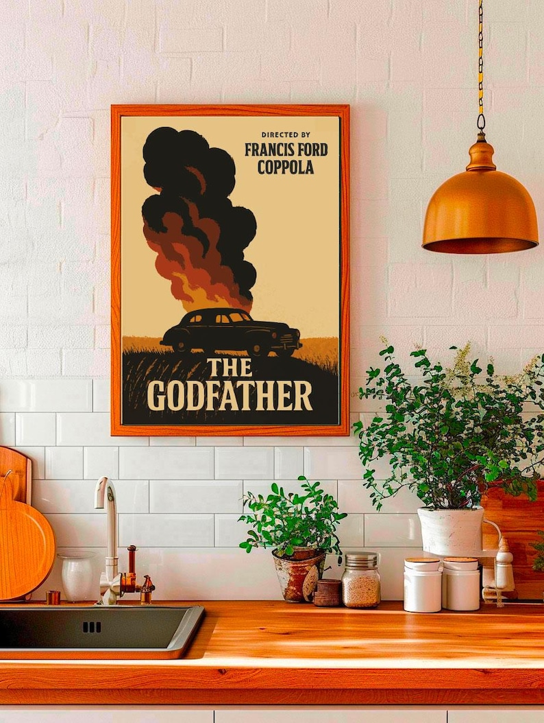 May include: A vintage-style poster for the movie "The Godfather" directed by Francis Ford Coppola. The poster features a black car engulfed in flames with smoke rising from the hood. The text "The Godfather" is in large, bold letters below the car.