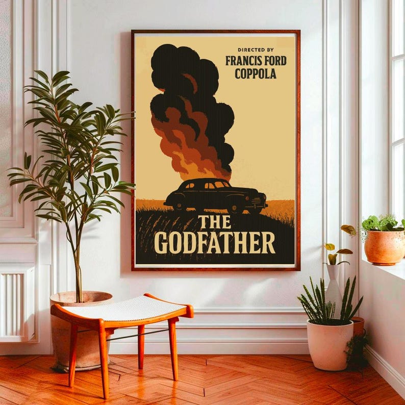 May include: A vintage-style poster for the movie "The Godfather" directed by Francis Ford Coppola. The poster features a black silhouette of a car with smoke coming from the back, set against a yellow background.