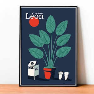 Könnte beinhalten: Ein minimalistisches Poster mit blauem Hintergrund, das eine Pflanze in einem roten Topf, einen Karton Milch und zwei Gläser zeigt. Das Poster trägt den Titel "Léon" und den Text "Luc Besson" in Weiß.
